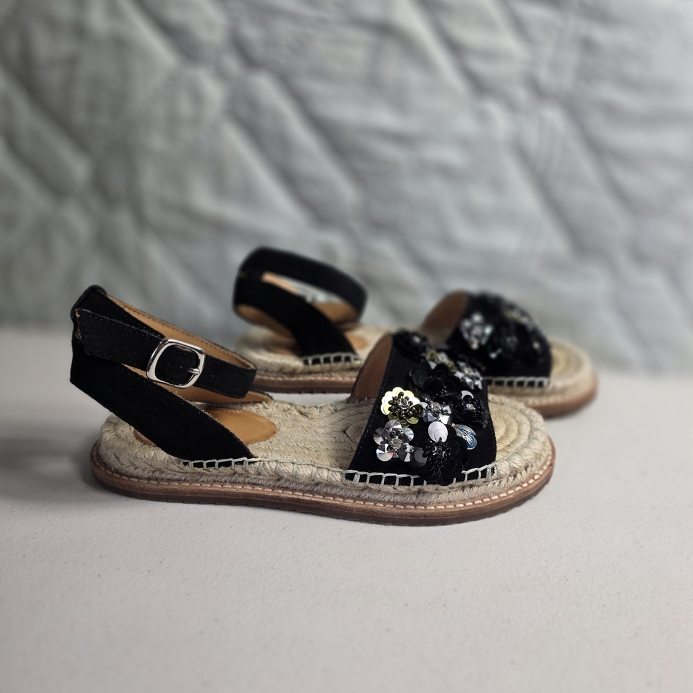 BILL BLASS BLACK ANTHROPOLOGIE SUEDE ESPADRILLES SANDALS SEQUIN SHOES Sz 6 - Picture 1 of 11
